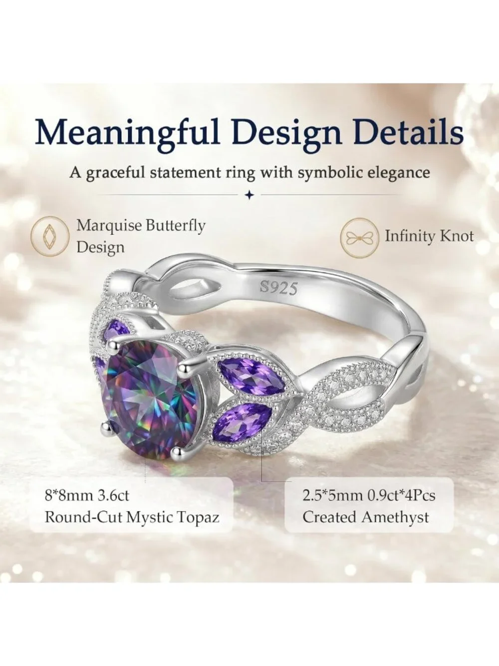Stunning 3.6ct Rainbow Topaz & Sapphire Sterling Silver Ring | Bezel Set Fashion